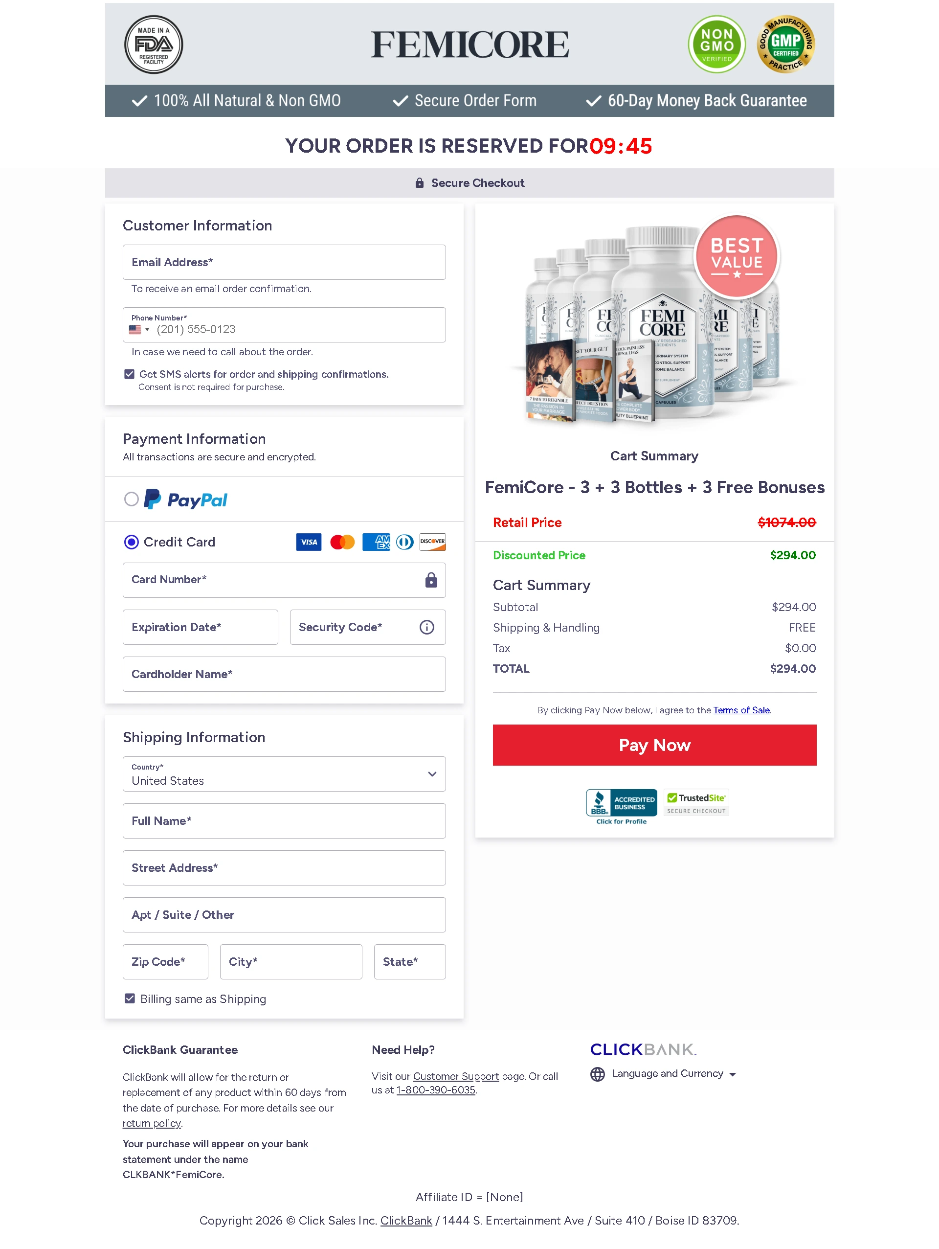 FemiCore Orders Checkout